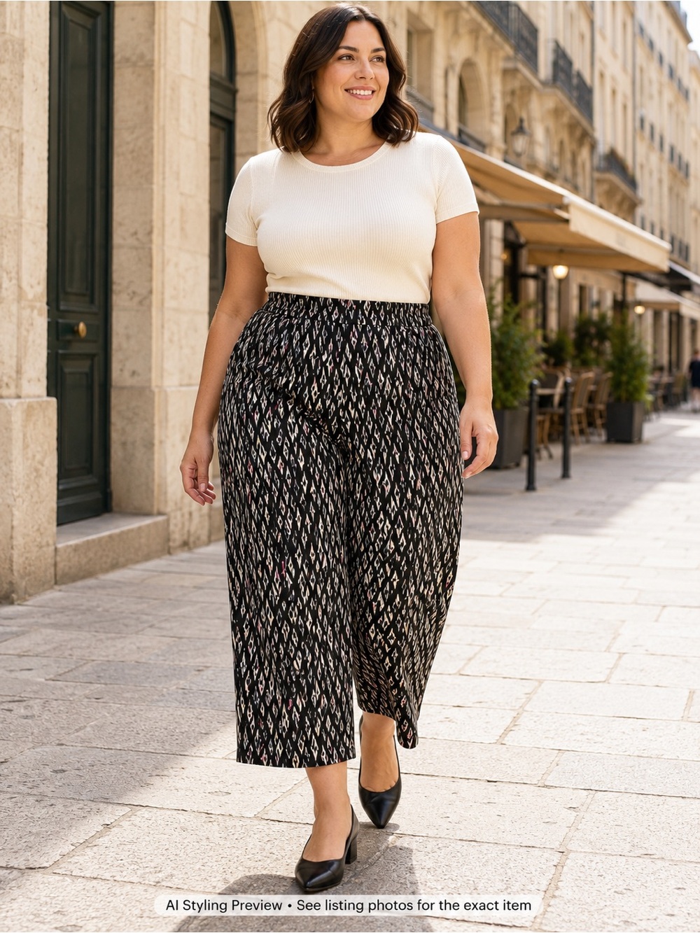 Molly Bracken 2X High Rise Wide Leg Crop Pants Black Abstract Print Plus